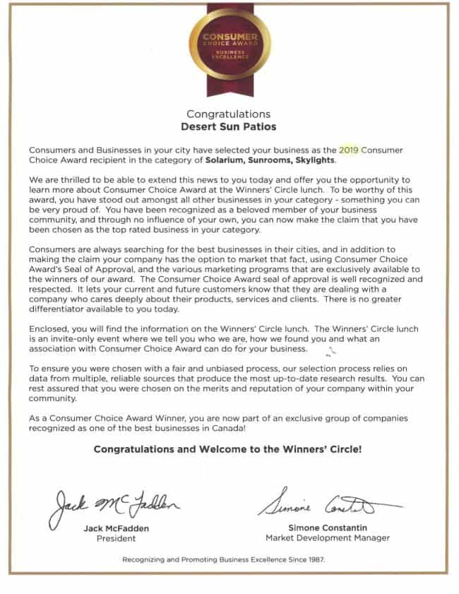 Consumers Choice Award Desert Sun Patios 2019
